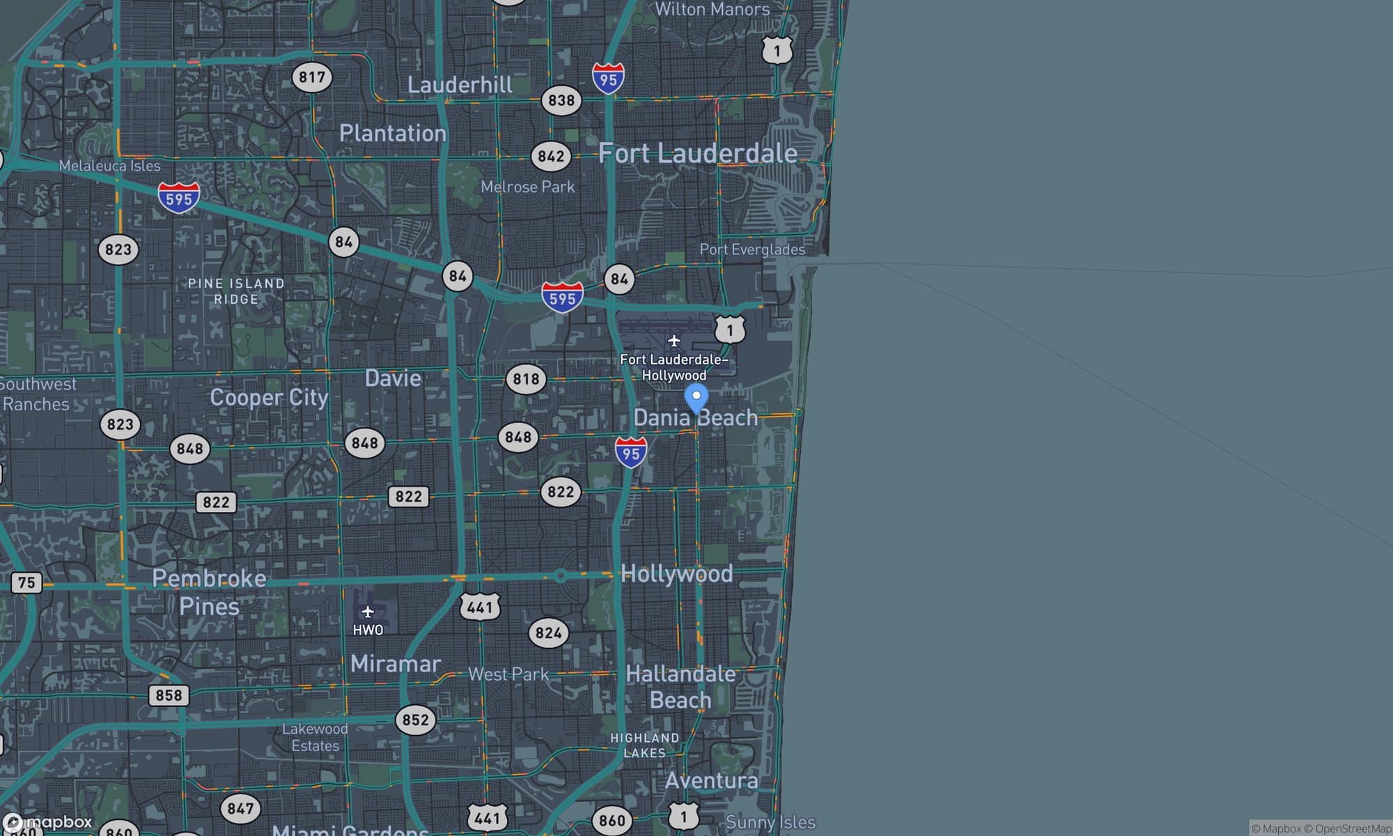 Map centered on Dania Beach
